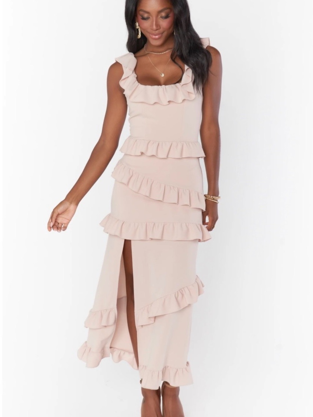 Greta Ruffled Blush Maxi Dress with Side Slit